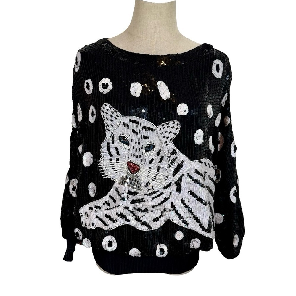 True Vintage 80s Sequin Beaded Tiger Top Dress Black Silk Batwing Sleeve - Picture 2 of 9